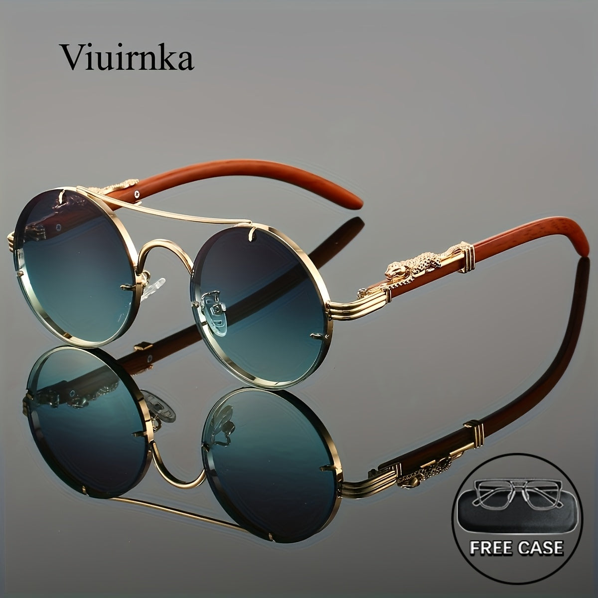 Fashionable Round Metal Frame Sunglasses with Gradient PC Lenses - Includes Protection Case - Luxury Double Bridge Design, Leopard Detail Hinges, Stylish And Chic for Both Men And Women, Perfect for Vacation, Street Photography, And As a Unique Gift