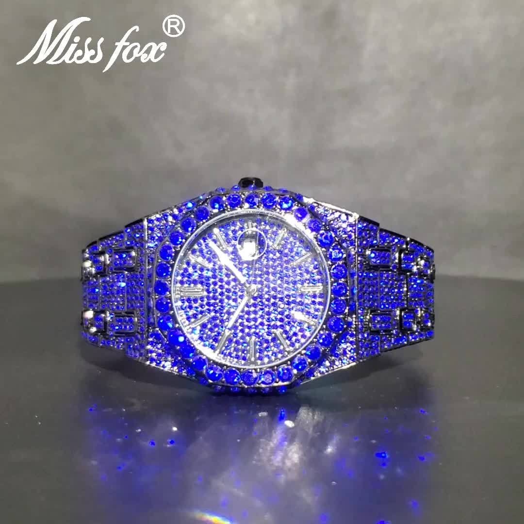 MISS FOX 2024 Hip Hop Men'S Luxury Iced Out Blue Rhinestone Wrist Watch Features a Luminous Japanese Quartz Movement, a Round Analog Design with a Zinc Alloy Band, And Is a Fashionable Party Watch Adorned with Large Sparkling Diamonds