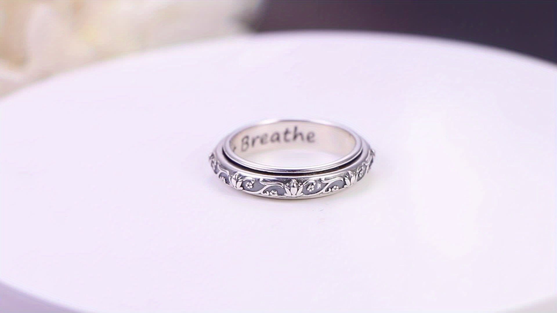 Spinner Fidget Ring S925 Sterling Silver Lotus Flower Yoga Just Breathe Anxiety Worry Band Oxidized Fidget Boredom ADHD Autism Rings For Women Men