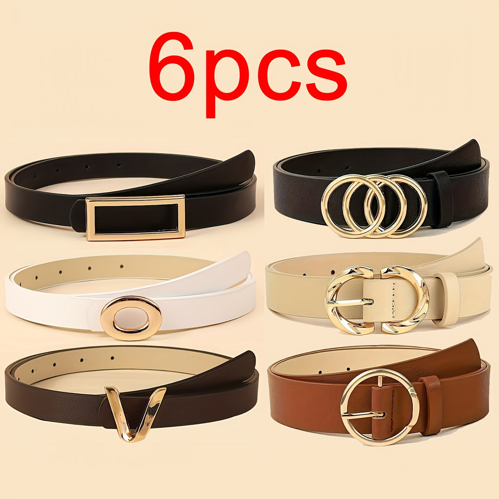 A 6pcs Collection of Stylish And Practical Women'S Belts, Featuring Classic Designs for Jeans And Dresses, with Metal Buckles in Three-Ring, Two-Ring, And One-Ring Styles. These Solid Color Belts Are Elegant Additions for Daily Wear And Versatile Fo