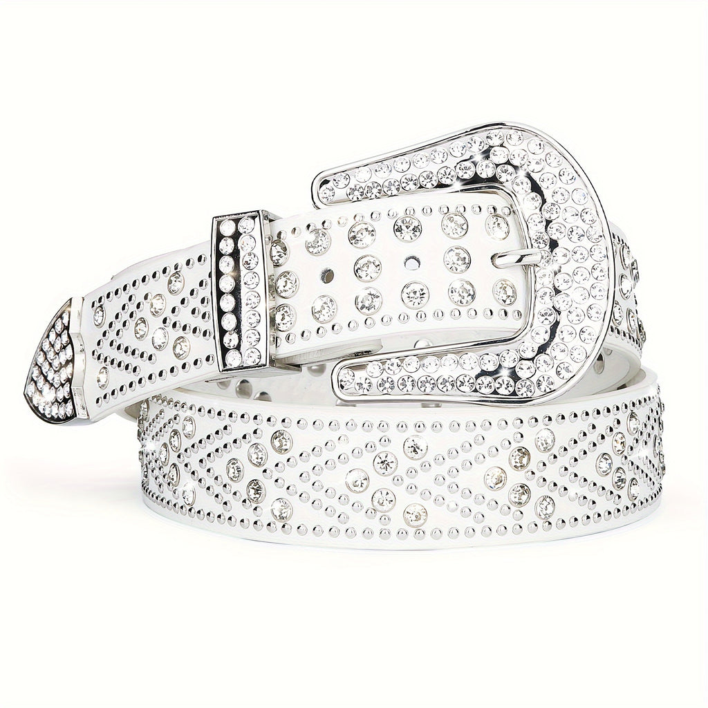 Studded Rhinestone Belt with Metal Buckle, Bling Y2K Western-Style Cowboy Cowgirl Faux Leather Belt for Men And Women