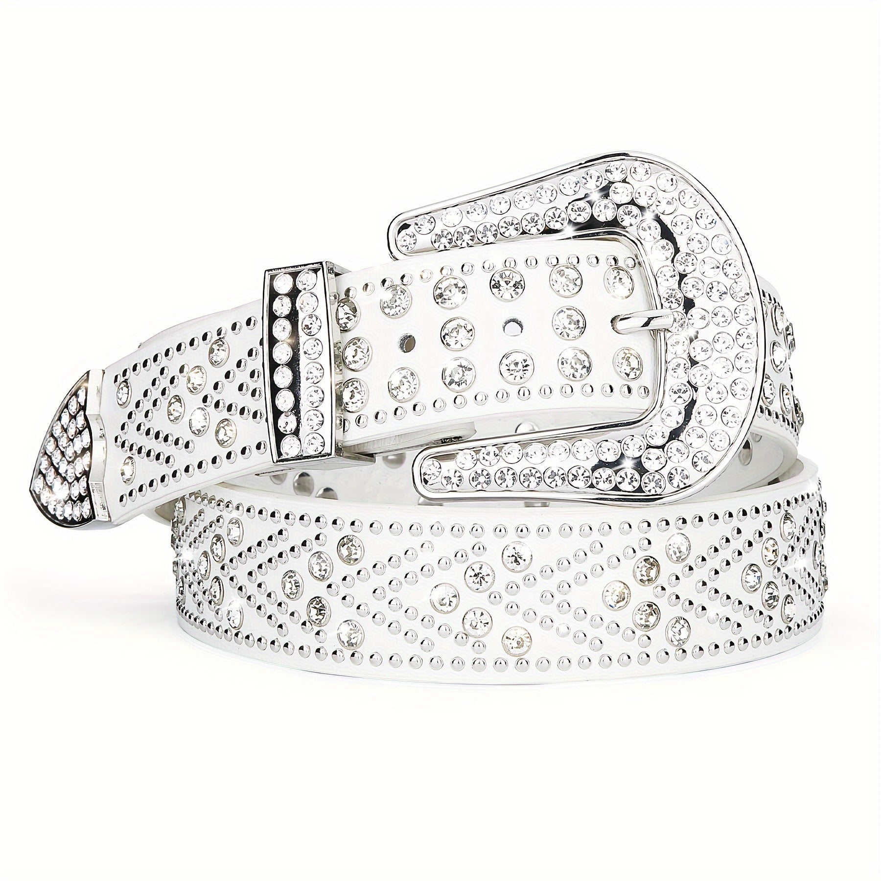Studded Rhinestone Belt with Metal Buckle, Bling Y2K Western-Style Cowboy Cowgirl Faux Leather Belt for Men And Women