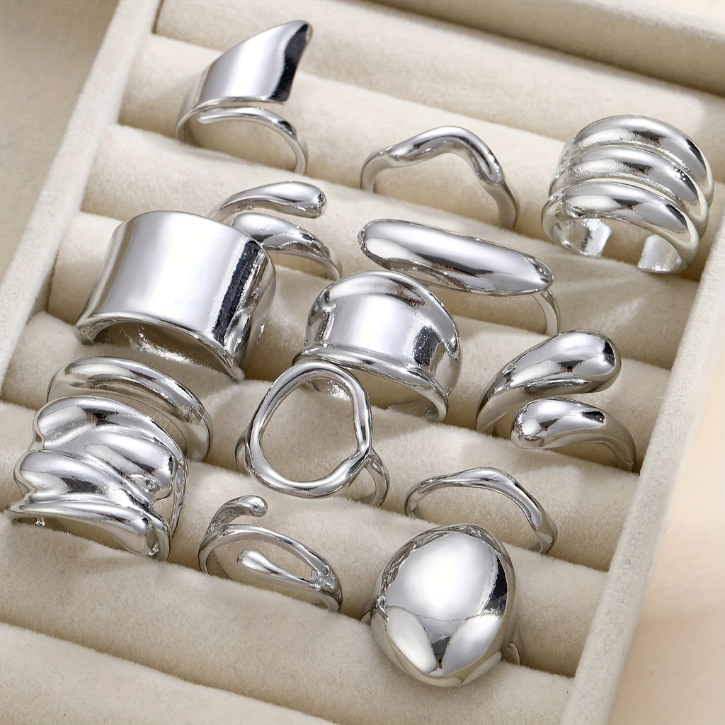 14pcs CCB Material Silvery Gray Exaggerated Sexy and Glamorous Women's Wide Face Ring Set for Daily Party Wedding Wear Trendy Fashion Jewelry to Give to Girlfriend or Friends, Fashion Statement, Highquality Rings, Durable Material, Fashion Rings