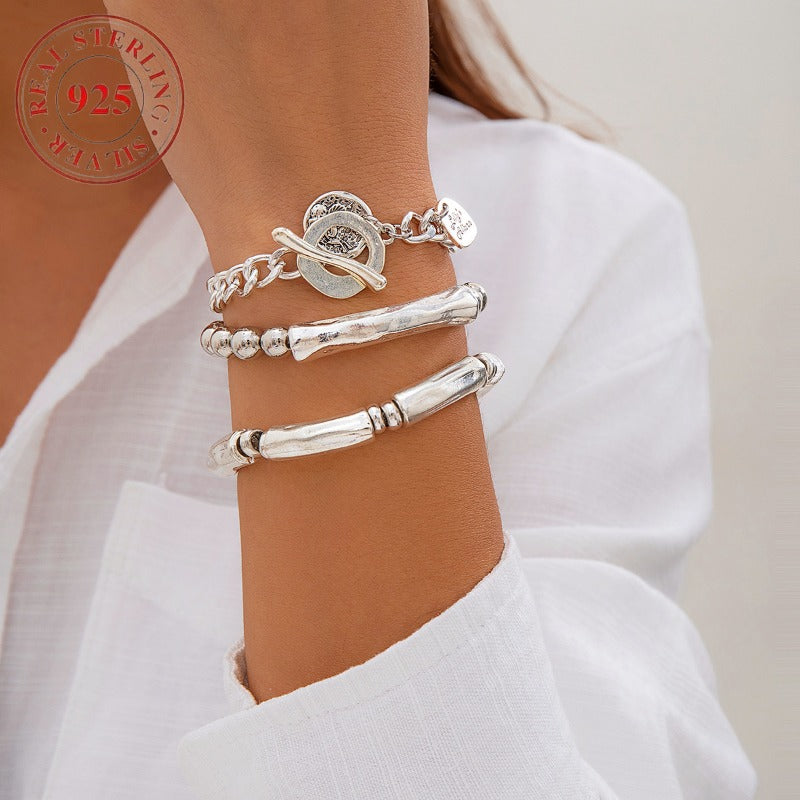 [For Any Occasion] 3pcs 925 Silver Bracelets for Women Chunky Bangles Set Silvery Stacked Bracelets for Any Occasion Hip Hop Bracelet