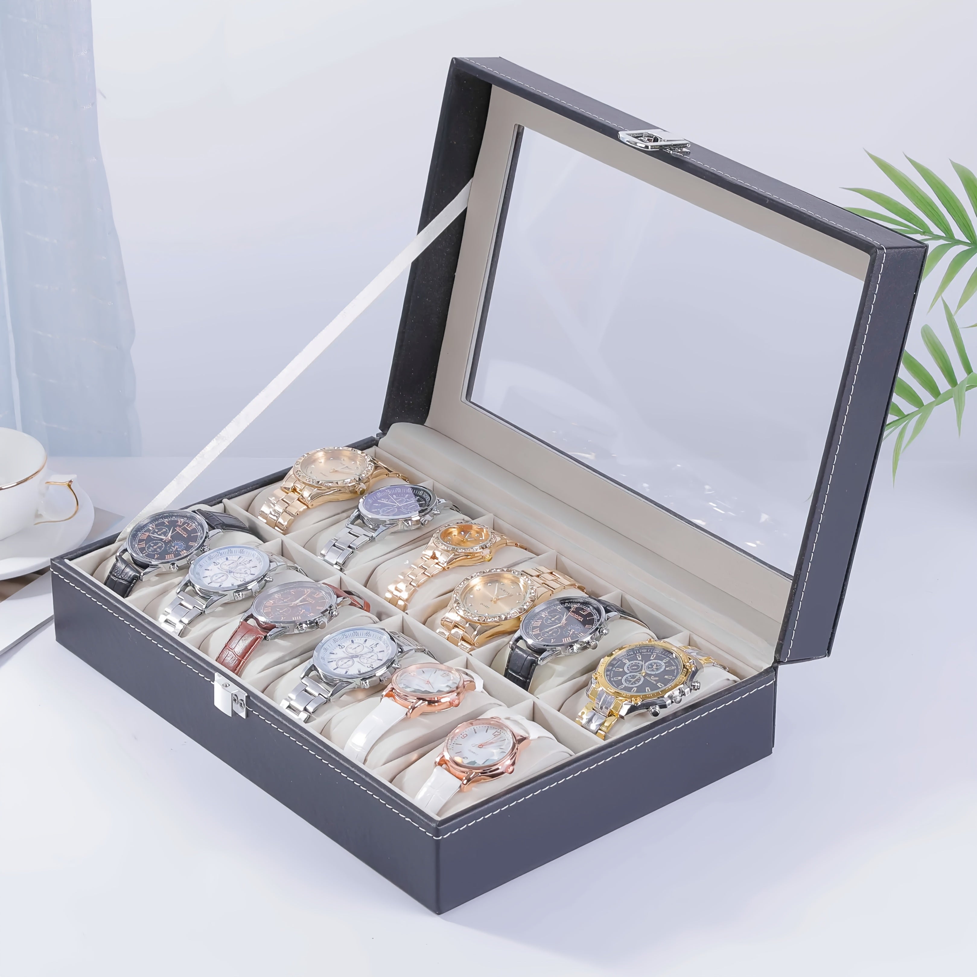 KYPHIREL Watch Box, 10/12 Slot Watch Case with Large Glass Lid, Removable Watch Pillows, Watch Box Organizer, Valentine's Day, Mother's Day, Father's Day, Thanksgiving, Birthday Gift