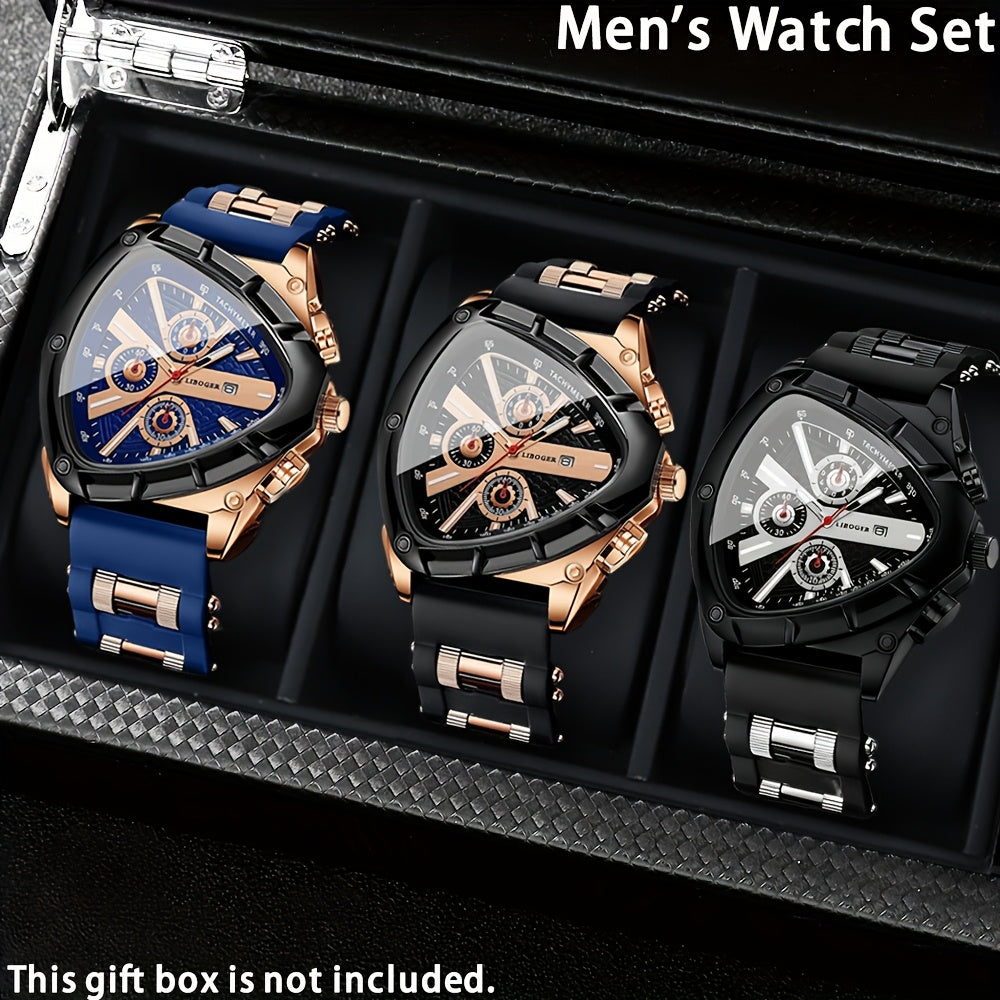 3pcs/set Fashion Quartz Watches For Men, Silicone Strap And Date Display Men Watches, Classic Triangular Dial Design Mens Watch For Casual And Sporty Wear Suitable For Any Occasion, Ideal Choice For Gifts Wrist Watch Reloj Para Hombre.