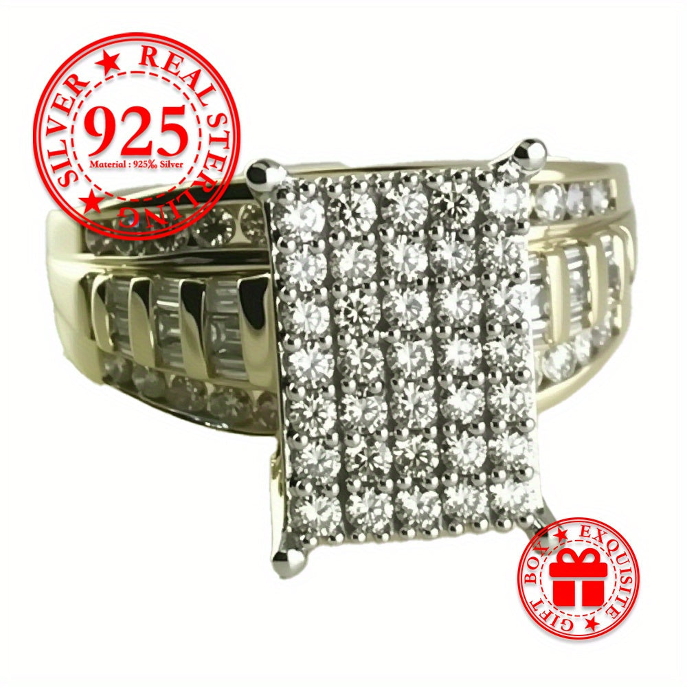 S925 Sterling Silver Women'S Wedding Ring, Luxurious Full Set Cubic Zirconia, Fashionable Square Shape, Electroplated Golden Two-tone Design, Suitable For Daily Wear/ Wedding/ Party, Comes With Gift Box, Total Weight Of The Product (7.1g)