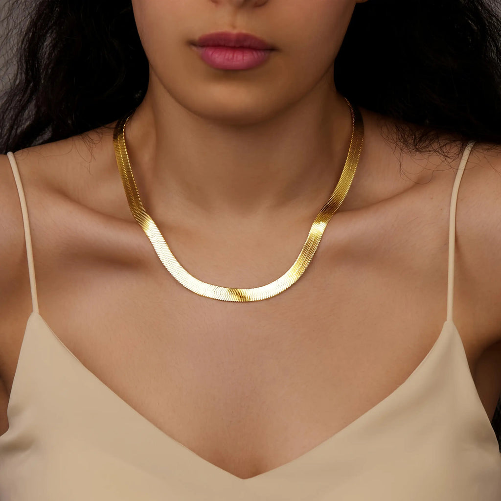 Women's 14K Gold Plated Stainless Steel Thick Herringbone Necklace- Elegant& Serpentine Chain Collar, Durable Everyday& Party Jewelry, Perfect Christmas Valentine's Gift for Women, Year-Round Versatile Statement Piece
