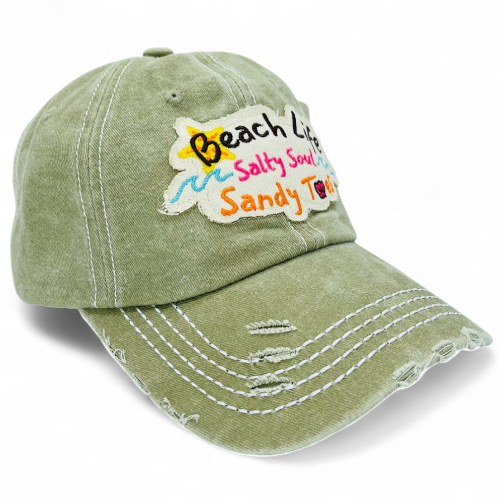 "Beach Life Salty Soul Sandy Toes" Baseball Cap-Local Artist Designed, Vintage, Distressed, Embroidered, 100% Cotton, UV Protection, Adjustable