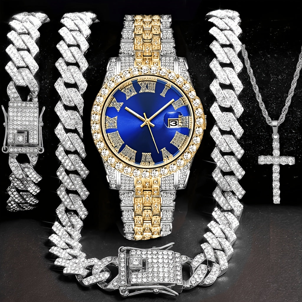 [Birthday Father's Day Wedding] 4pcs Quartz Men's Watches Set with 14Mm Cuban Chain Necklace And Bracelet, Cross Pendant Necklace, Luxury Golden-Tone Quartz Watch with Rhinestone Perfect Gift for Birthday, Father's Day, Wedding