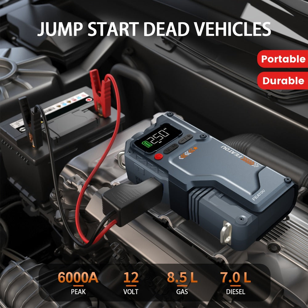 6000A Jump Starter with Air Compressor, 7in 1 Function Jump Box 150PSI Jump Starter Battery Pack with Digital Tire Inflator, Car Battery Charger Portable for 2.64gal Gas Or2.38gal Diesel Battery Charger, Car Jumper Starter Portable, 6000A& 8000A