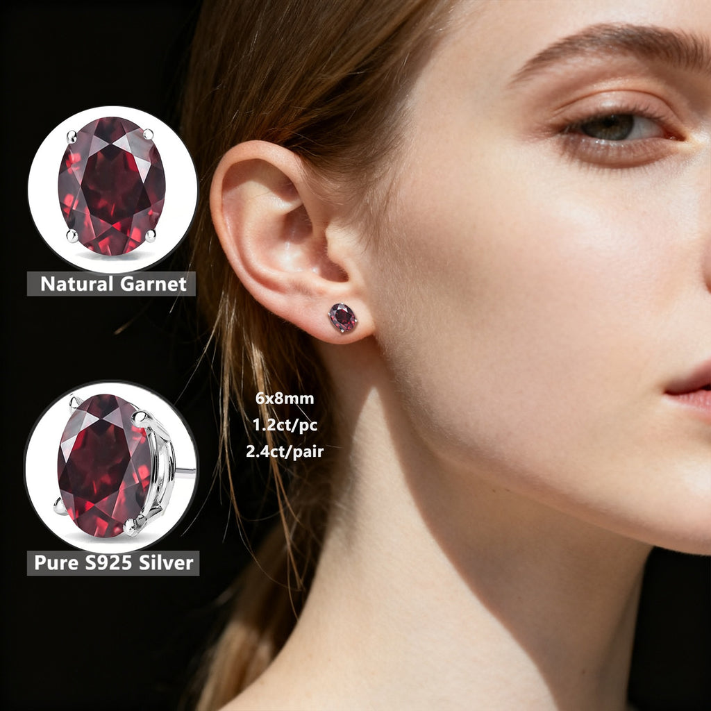 S925 Silver Stud Earrings with Natural Garnet, Each Oval-Cut Weighing 1.0 Carat, Deep Red Natural Garnet, Birthstone for January, Ideal Natural Jewelry Present for Cherished Ones