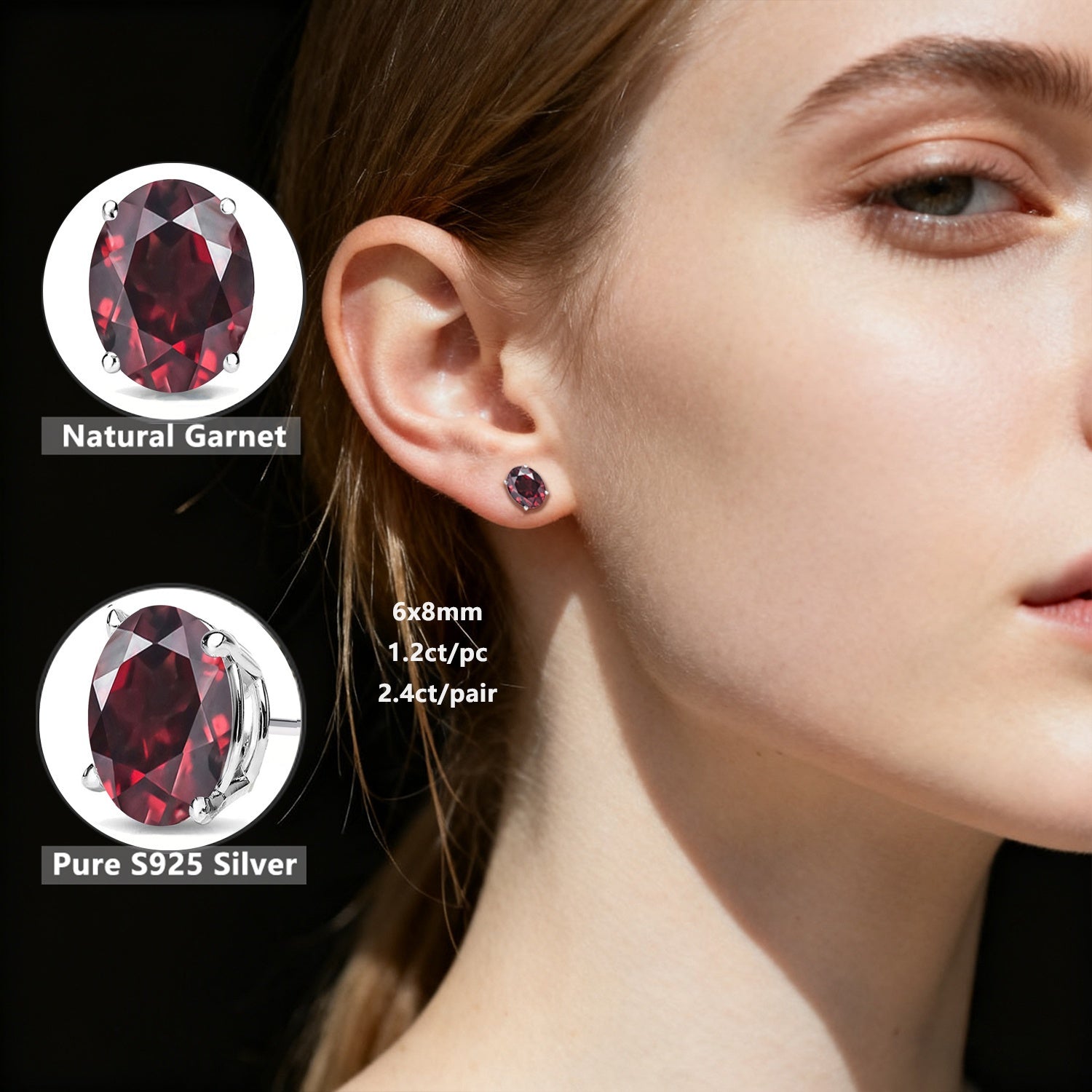 S925 Silver Stud Earrings with Natural Garnet, Each Oval-Cut Weighing 1.0 Carat, Deep Red Natural Garnet, Birthstone for January, Ideal Natural Jewelry Present for Cherished Ones