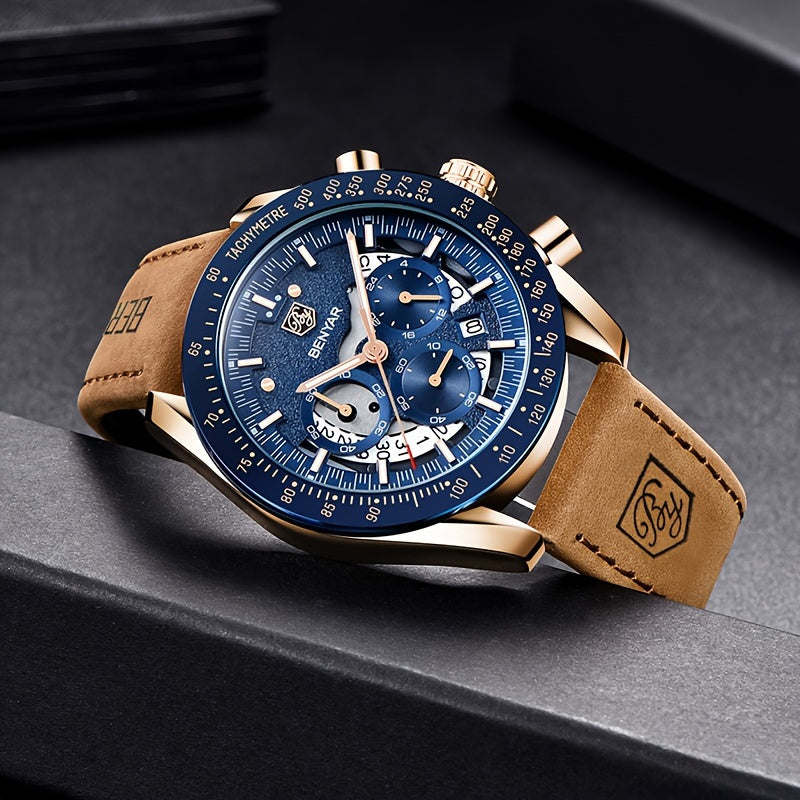 [BENYAR Luminous Chronograph Watch] BENYAR Analog Quartz Chronograph Luminous Watch - Big Face Mens Business Work Sport Casual Fashion Designer Dress Wrist Watch - Elegant Gift For Men