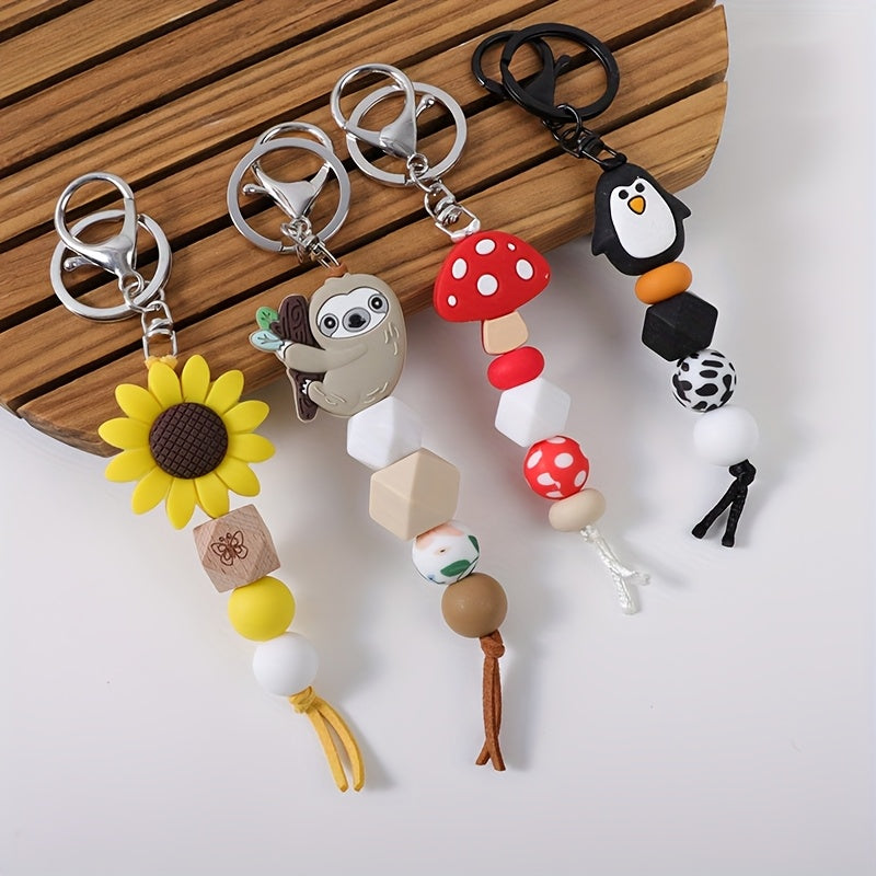 2-4pcs/set Sweet And Cute Cartoon Sunflower Charm Handmade Beaded Keychain for Wrist Short Tassel Key Ring Accessory Bag Pendant Accessory Perfect Gift for Friends