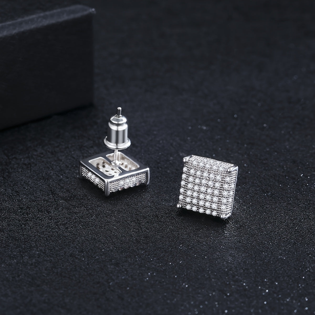 Classic Black Hip Hop Square Stud Earrings For Men, Copper Inlaid Sparkling Cubic Synthetic Zircon Jewelry, Iced Out Streetwear Earpins, Cool Gift For Him