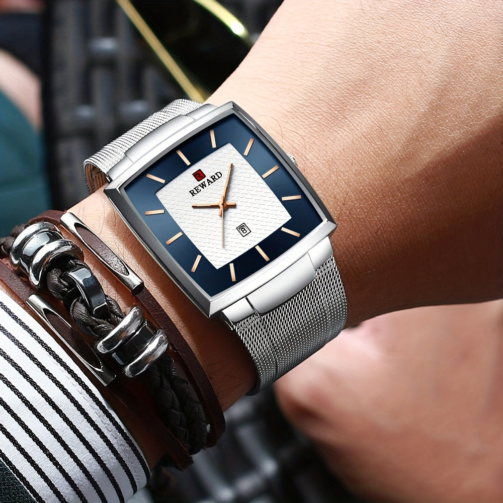 REWARD Fashion Watches Men Top Luxury Brand Square Blue Men's Wristwatch Stainless Steel Quartz Clock Male