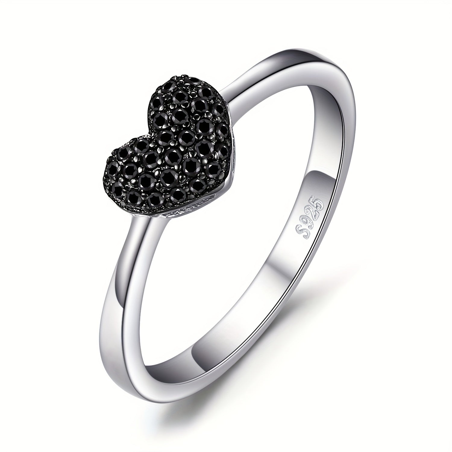 1pc 925 Sterling 925 Silver Cute And Elegant Love Heart Design Exquisite Round Cut Natural Black Spinel Silvery Ring for Women for Daily Decoration for Dating Gift Fine Jewelry