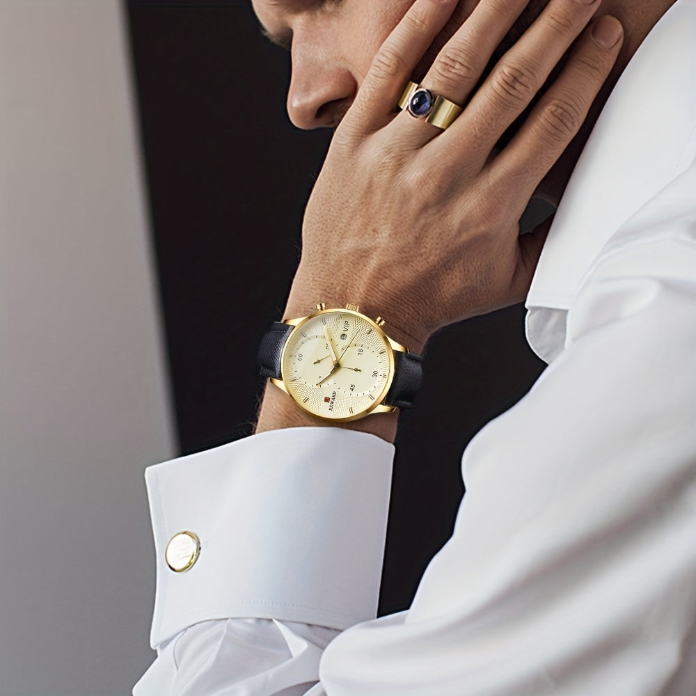 [1pc Men's Watch] 1pc Men's Black Golden Quart Watch | PU Leather Strap, with Gift Box
