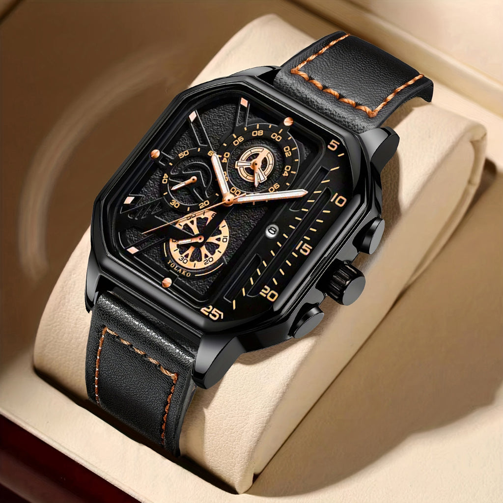 [Valentine's Father's Day Gift] 2pcs/set Luxury Sports Mens Watches For Men With Triangle Dial & Silicone Strap, Chronograph-like, Retro Square Dial & Faux Leather Starp Men Watches, Date Display, Dress Watch For Casual, Valentine's Father's Day Gift, Rel