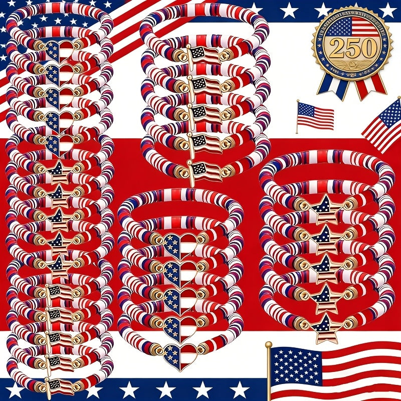 Celebrating 250 Years, These Patriotic Stretch Bracelets for Women Feature Retro Bohemian Designs with Red, White, And Blue Polymer Clay Beads. They Make Excellent Party Favors for The 4Th of July And Are Perfect Gifts for Everyday Wear Throughout T