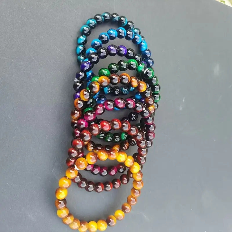 8pcs Set of 8mm Tiger Eye Stone Bracelets- Handmade, Fashionable and Durable, Suitable for Daily Wear- Unisex Design- Perfect Gift for Valentine'S Day, Birthdays, or Any Special Occasion