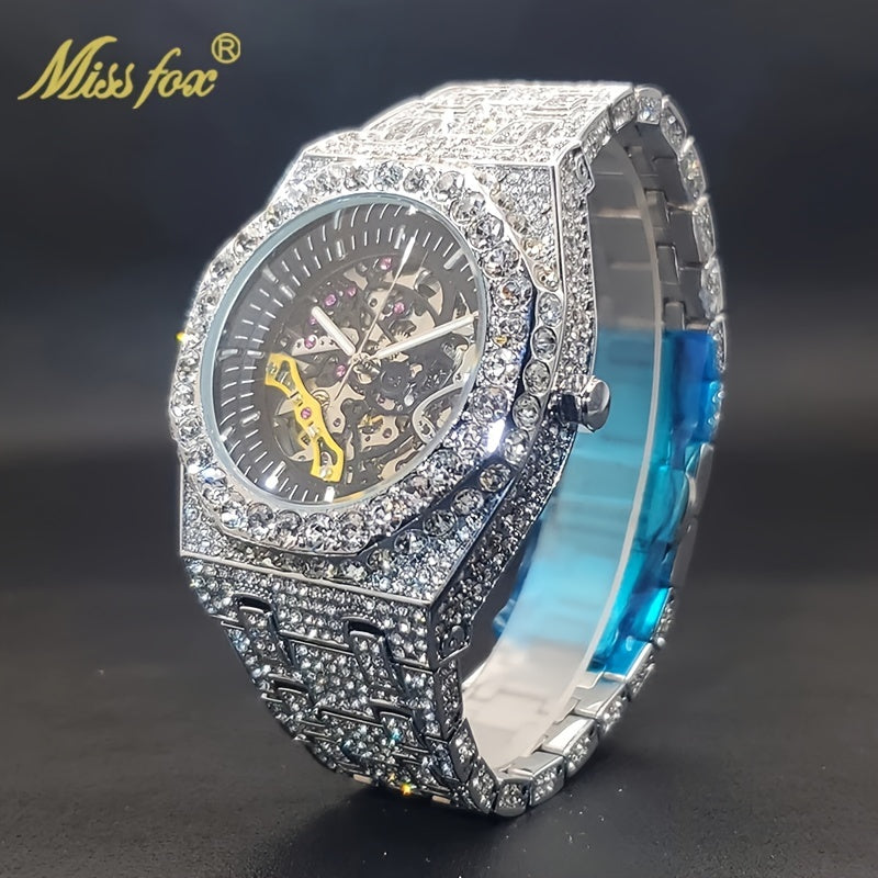 Men'S Luxury Wristwatch by Miss Fox Featuring a Golden Design with Rhinestones, Automatic Mechanical Movement, Round Analog Display, Embellished with Glitter, Zinc Alloy Band, And a Stylish Large Dial