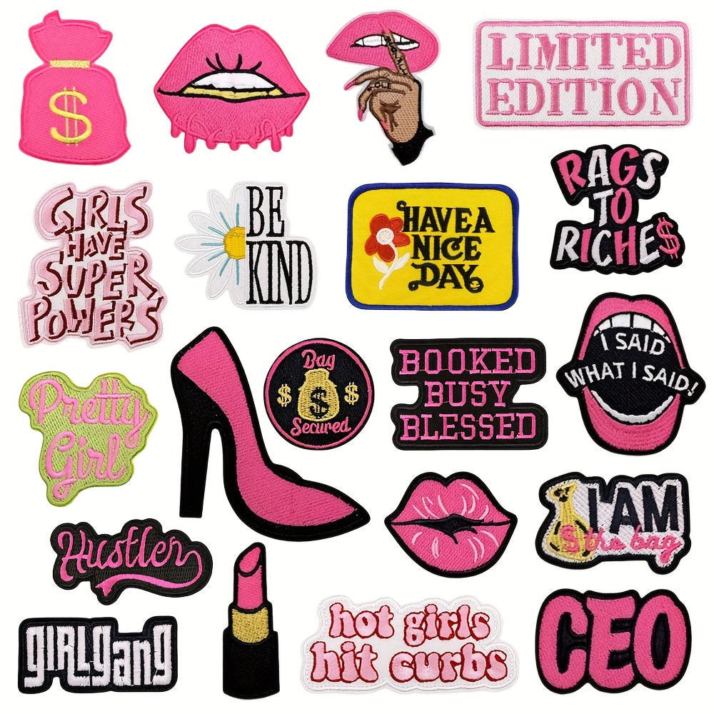 20pcs Phrase Iron On Patches Hot Pink Patches For Hats Cool Women Power Embroidered Sew On Patch For Women Jackets Backpacks Clothing Accessories