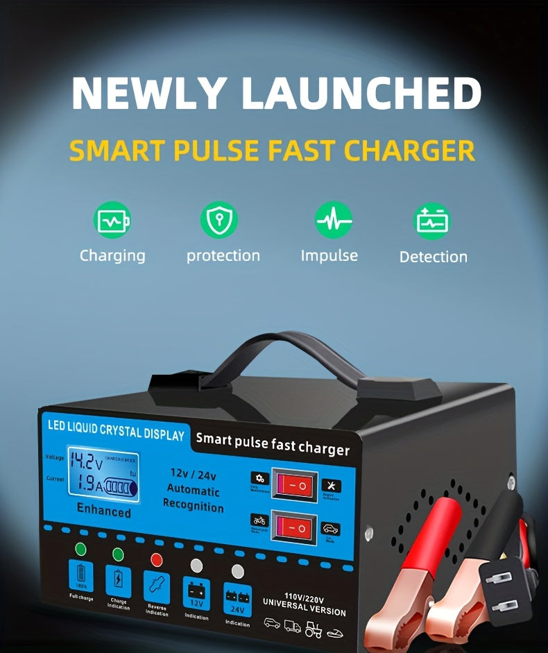 [Intelligent] 12V And 24V Intelligent Universal Battery Charger Inverter, With LCD Display Intelligent Maintenance Overcharge And Short Circuit Protection, Suitable For Intelligent Trickle Charging Maintenance Of Various Cars, Yachts, And Batteries
