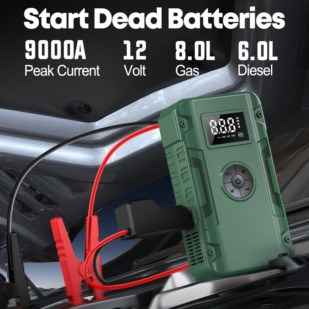 10000A 7-in-1 Multi-Function Emergency Jump Starter with Air Pump, 150PSL Car Battery Booster, Tire Inflator, Portable Vehicle Battery Charger, Suitable for 2.64-Gallon Gasoline or 2.38-Gallon Diesel Batteries, LED Emergency Light