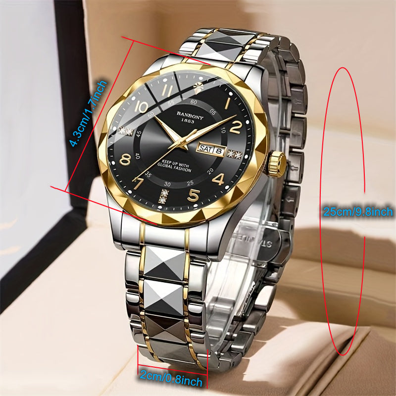 New BANBONY Brand Stainless Steel Quartz Watch Men's & Women's with Rhinestone-Embellished Simple Digital Round Dial, Luminous Display Multifunctional Fully Automatic Wristwatch for Casual Sports IPX7 Waterproof Holiday Birthday Family Party Gift