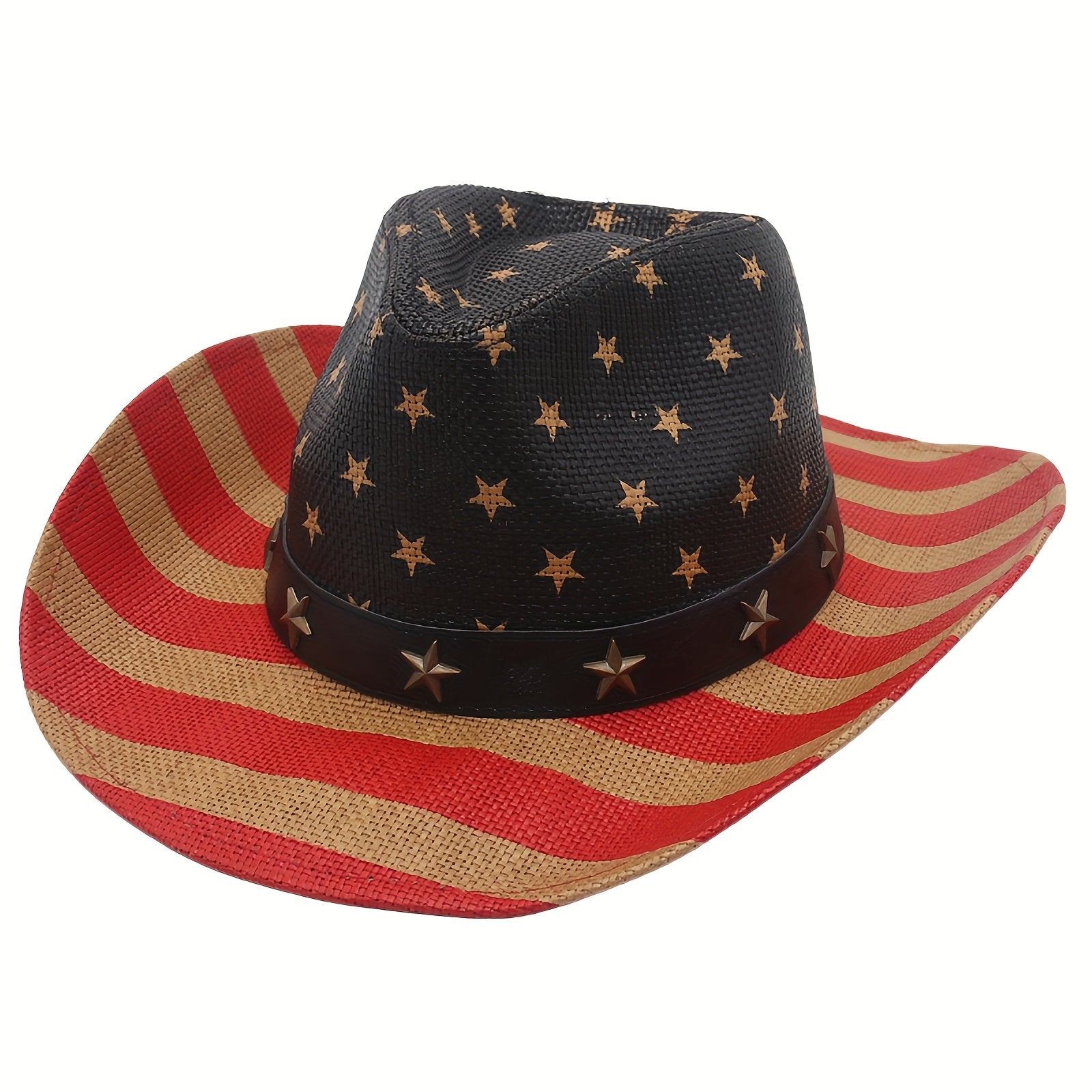 [Western Cowboy Hat] American Flag Wide Curved Brim Western Hat Equestrian Riding Jazz Cowboy Cowgirl Straw Hat