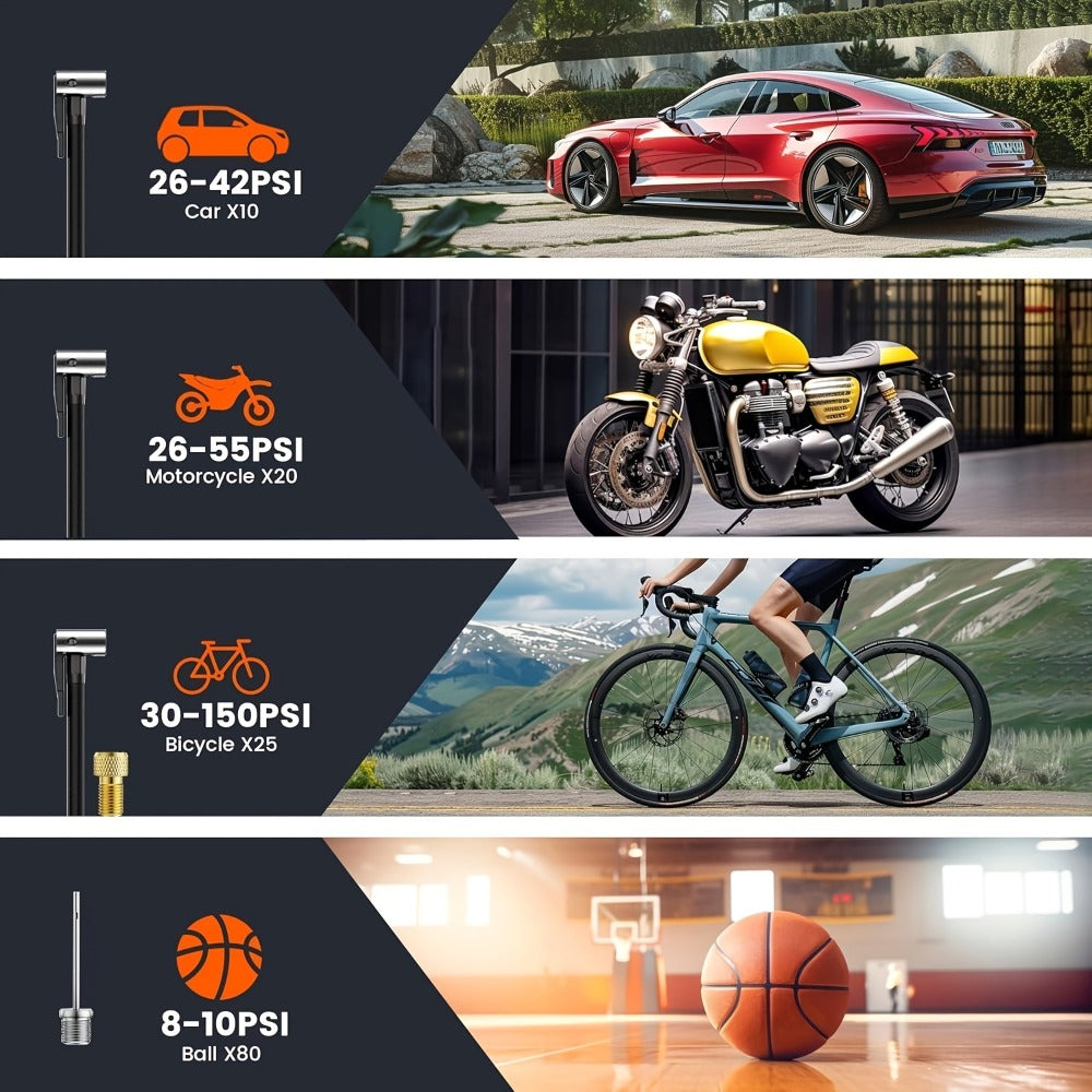 Tire Inflator Portable Air Compressor, 150PSI Car Tire Air Pump With Tire Pressure Gauge, LED, 3X Fast One-Button Smart Cordless Tire Air Pump For Cars, Motorcycles, Bicycles, Balls, Etc.