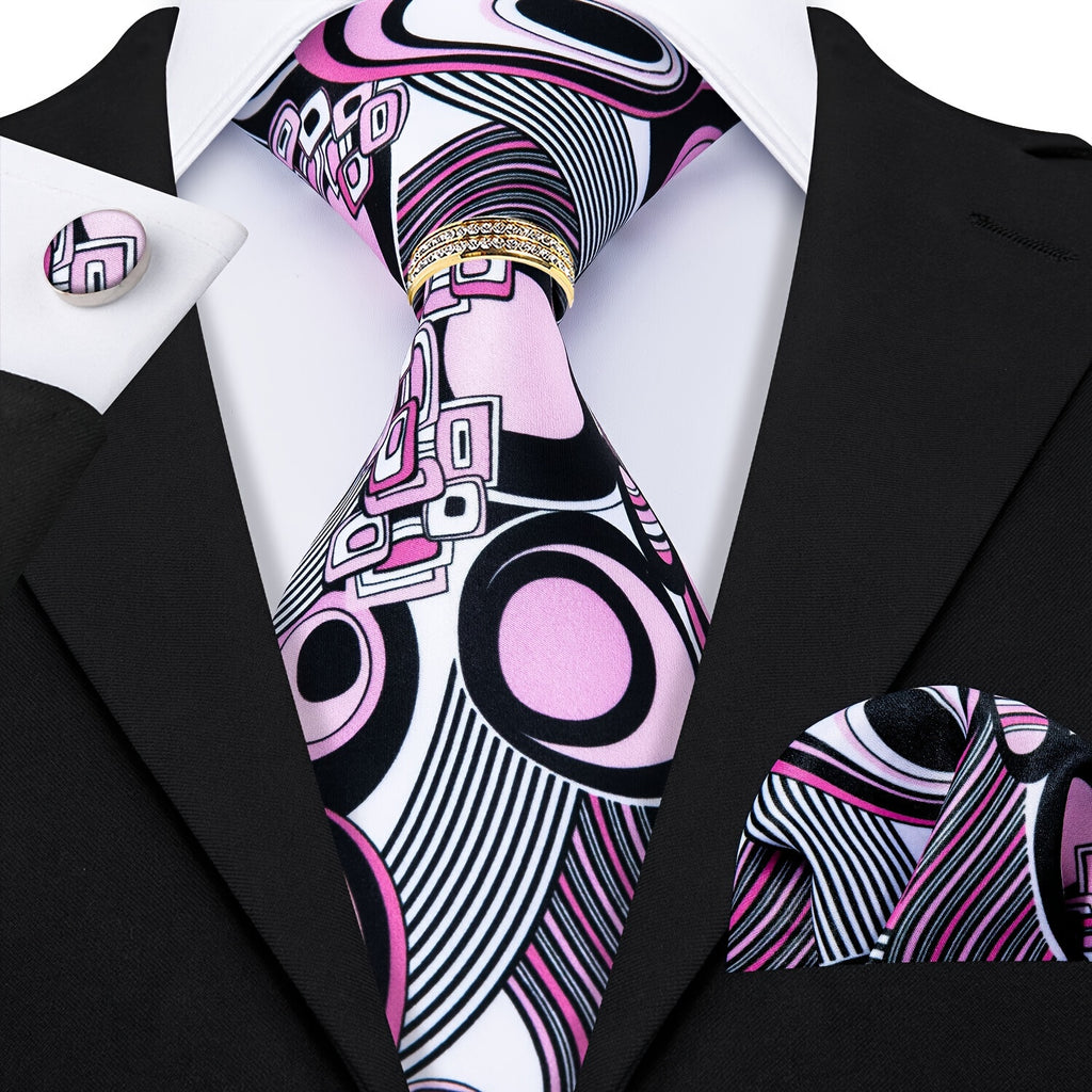 VERVEROW 4pcs Men'S Frivolous Tie Pink Red Printing Tie Breathable Necktie Hanky Square Cufflinks Ring Set Wedding Party Groomsman Gift