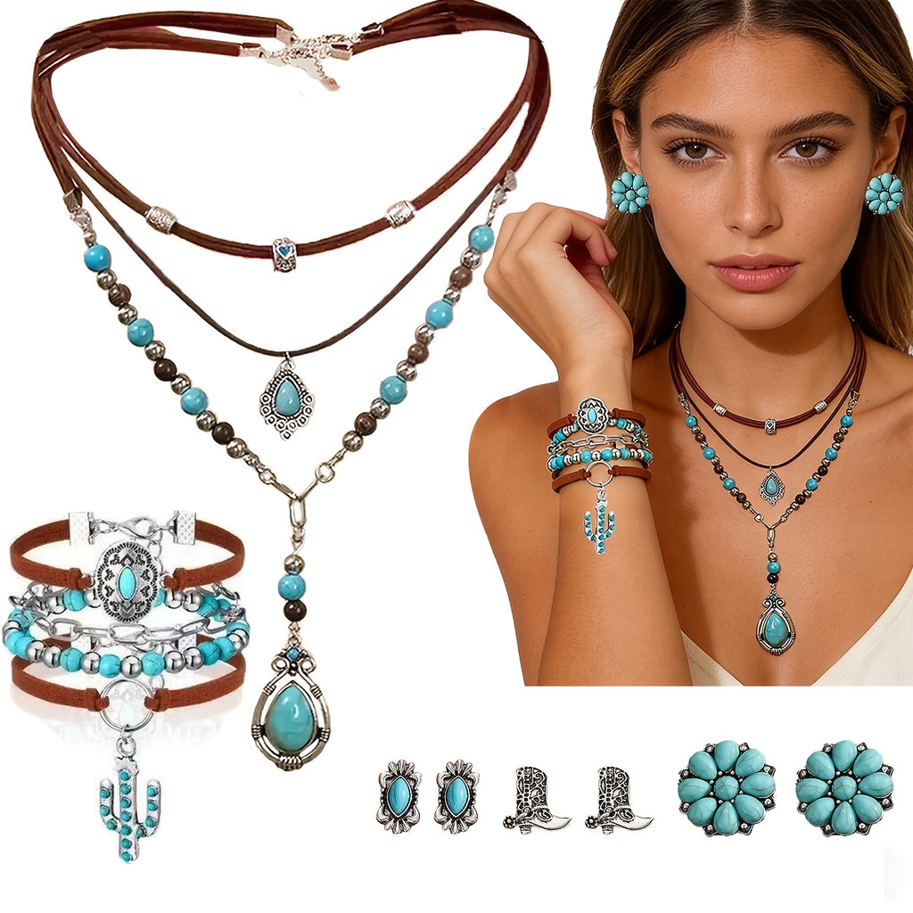 A Set of 8 Retro Western-Style Necklaces Featuring Synthetic Pine Stone And Cactus Flower Pendants, Designed for Women. Perfect for Casual Attire, Vacations, Festivals, Parties, Valentine's Day, Birthdays, And As Gifts