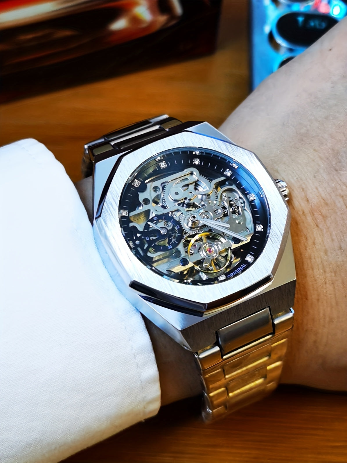 1pc FORSINING Men's Luxury Mechanical Watch - Skeleton Tourbillon, Luminous Hands, Stainless Steel Band, Irregular Case, Fashion Casual Style, Ideal for Christmas, Father's Day Gift, Luxury Business Watch | Automatic Watch | Without Battery