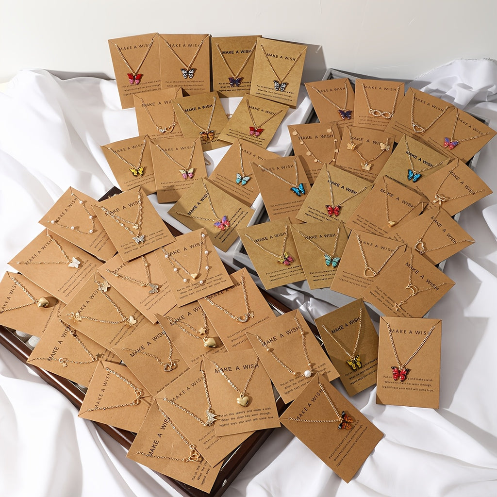 Random 21pcs/10pcs/6pcs Minimalist Fashion Star Moon Heart Bow Rhinestone Drip Oil Butterfly Necklace Set Women'S Dating Vacation Daily Matching Party Anniversary Holiday Gift Valentine'S Day Mother'S Day (With Cardboard)