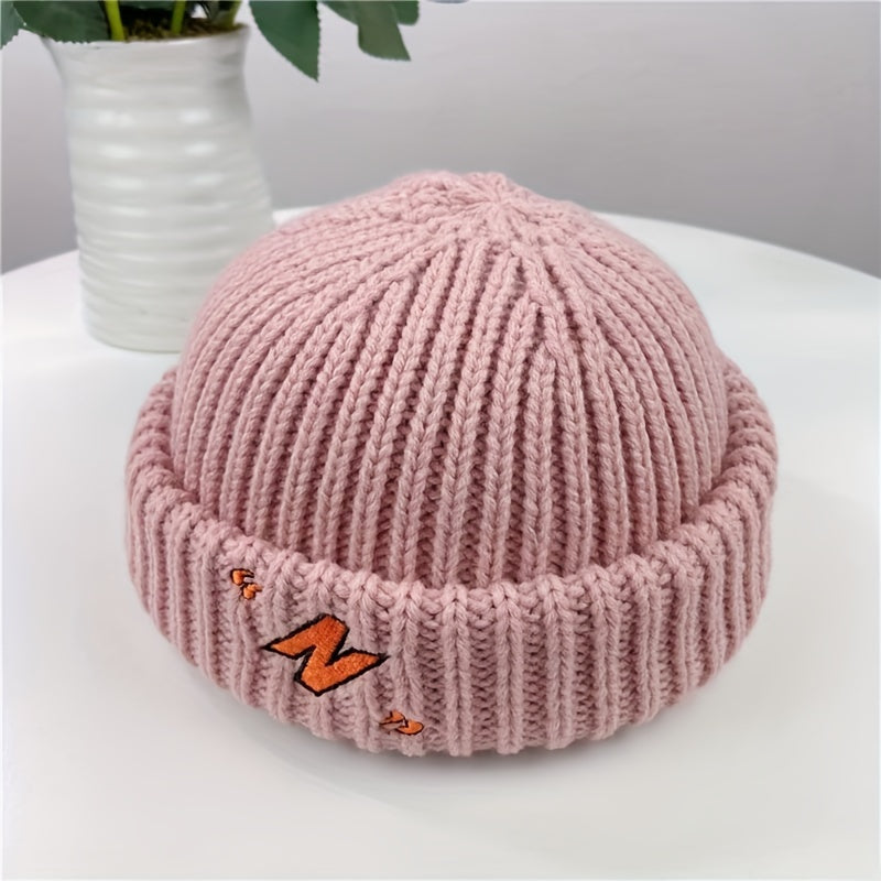 Men's Winter Warm Knit Beanie Cap - Basic Style, Machine Washable, Polyester Fiber Embroidery, Unisex Fashion Roll-Up Cuff