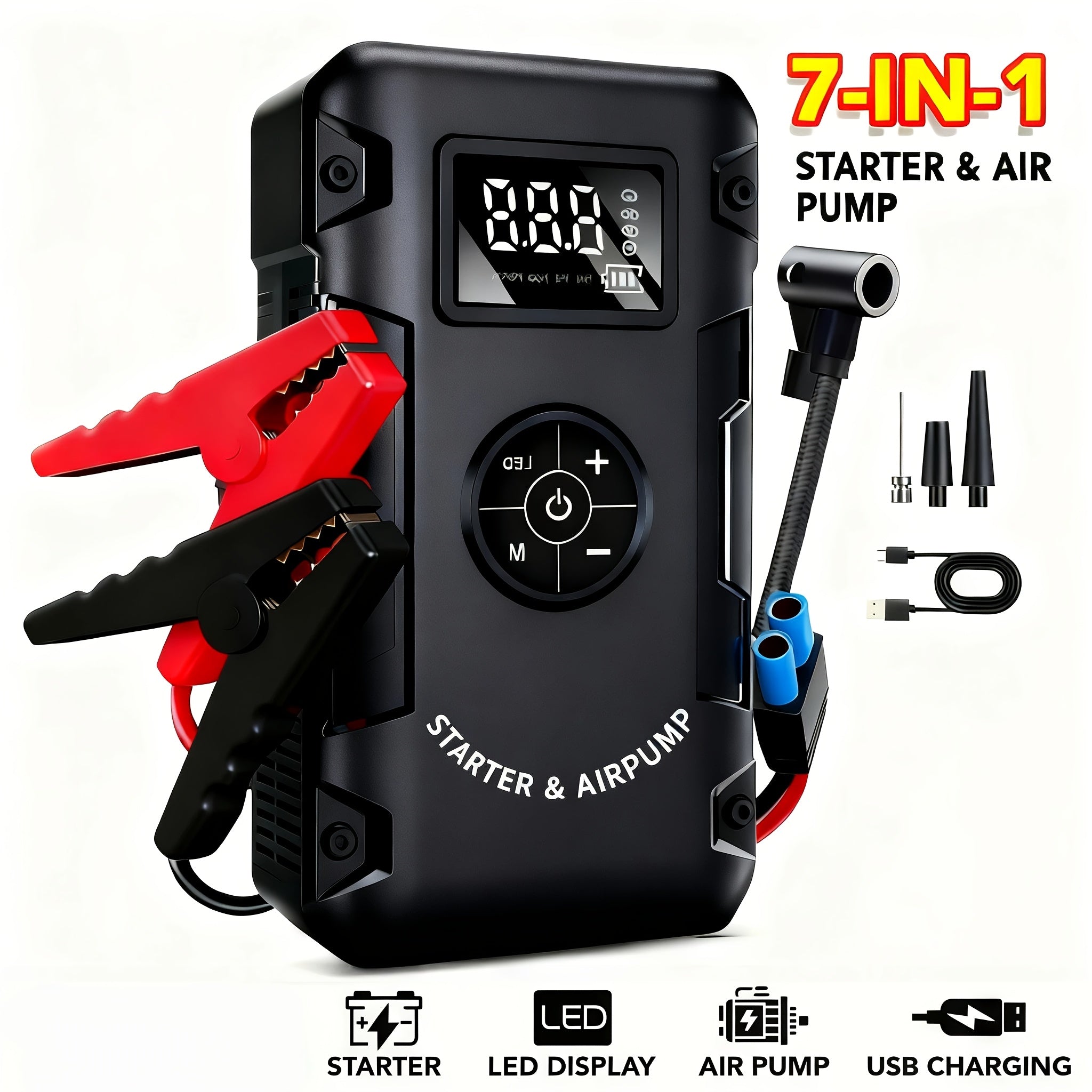 10000A 7-in-1 Multi-Function Emergency Jump Starter with Air Pump, 150PSL Car Battery Booster, Tire Inflator, Portable Vehicle Battery Charger, Suitable for 2.64-Gallon Gasoline or 2.38-Gallon Diesel Batteries, LED Emergency Light