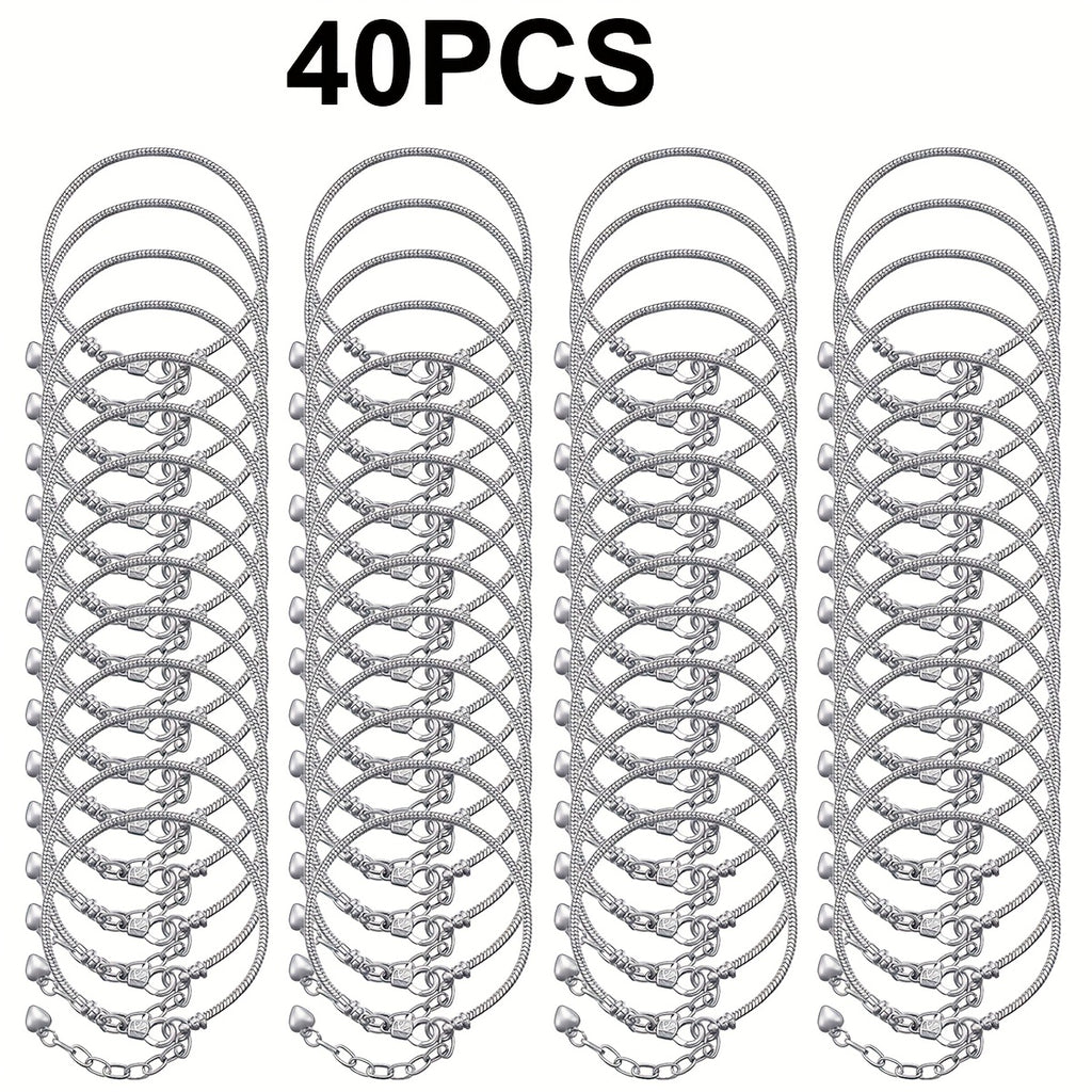 40pcs/set Adjustable Snake Chain Bracelet, DIY Bead Pendant Bracelet with Heart Extension Chain, Suitable for Jewelry Making