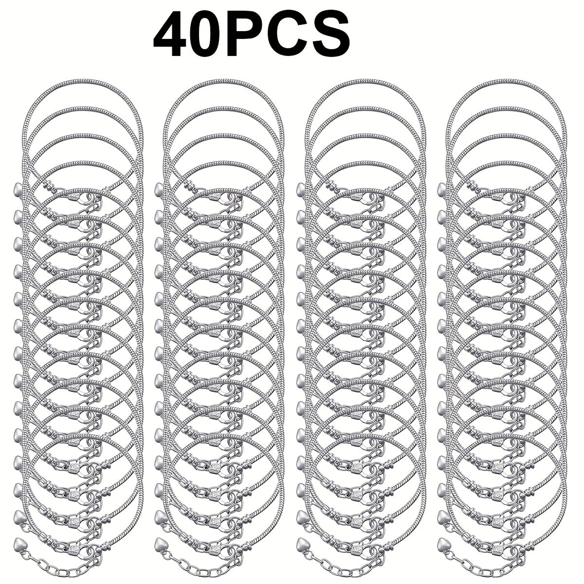 40pcs/set Adjustable Snake Chain Bracelet, DIY Bead Pendant Bracelet with Heart Extension Chain, Suitable for Jewelry Making