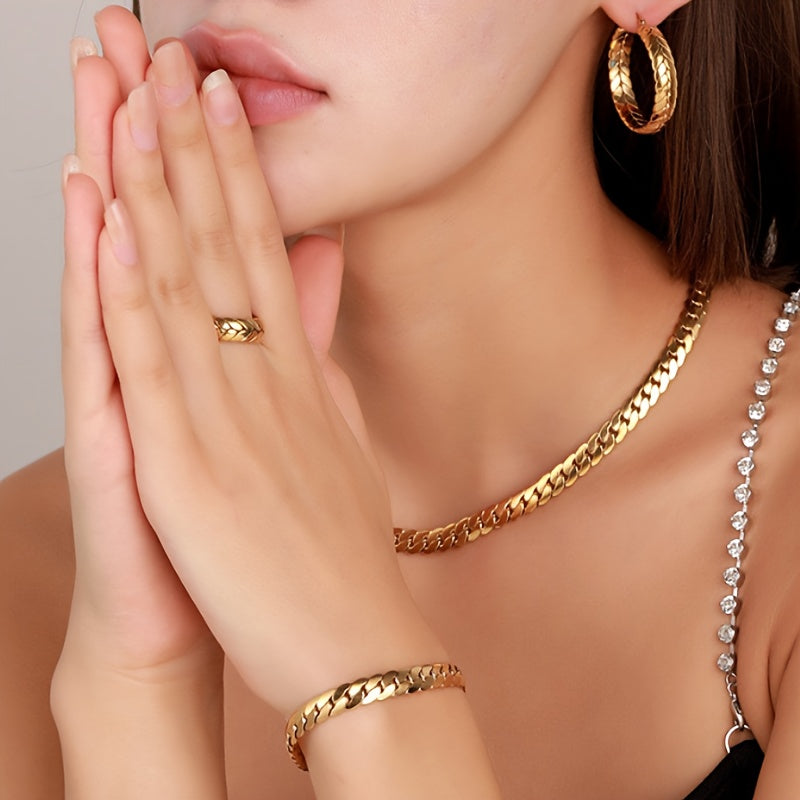 925 Sterling Silver -14k Golden Plated - Serpentine Jewelry 4pcs Set (rings, Necklaces, Studs, Bracelets) - Perfect For Men, Women Friends, Wives, Daughters - Perfect For Birthdays, Anniversaries, Valentines - Elegant Gift Box Included