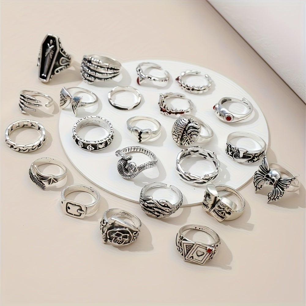 [24pcs Punk Ring Set] 24pcs Random Retro Punk Ring Set, Dark Style Spider Skull Cross Jewelry, Suitable for Daily And Party Wear, Trendy Accessories