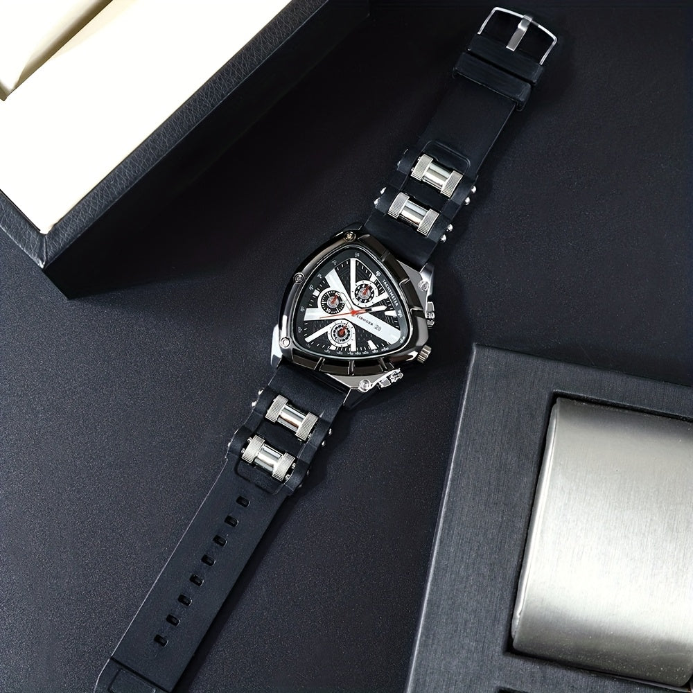 3pcs/set Fashion Quartz Watches For Men, Silicone Strap And Date Display Men Watches, Classic Triangular Dial Design Mens Watch For Casual And Sporty Wear Suitable For Any Occasion, Ideal Choice For Gifts Wrist Watch Reloj Para Hombre.