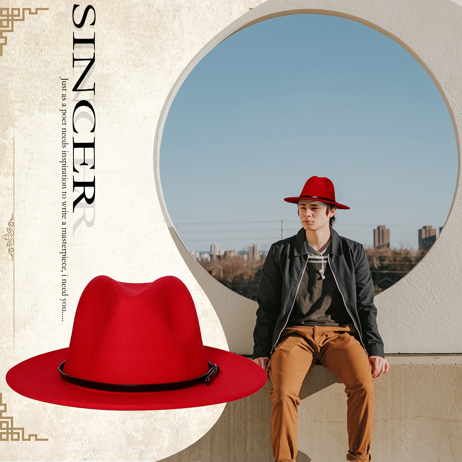 Classic Felt Panama Hat with Belt Buckle - Women's Men's Wide Brim Fedora Hat Trilby Cap