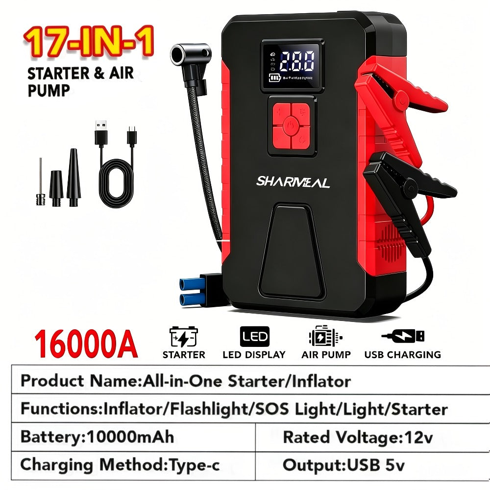 [Portable Jump Starter] 15000A-19000A Peak 350PSI 12V 17-in-1 Portable Jump Starter with Air Compressor Jump Starter, Car Battery Charger, Car Jump Starter with Air Compressor, Jump Starter Para, Car Accessories Tools, LED Light, Battery Charger, Cart Bat
