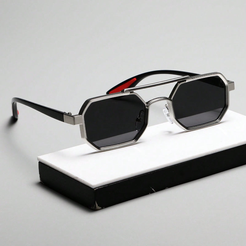 1pc Geometric Metal Frame Sunglasses with Double Bridge - Unisex Fashion Eyewear with AC Lenses for Casual Looks