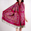 Brightly Colored Paisley Patterned Burgundy Scarf - Cozy, Warm, And Adaptable Neck Wrap Ideal for Travel, Music Festivals, And Daily Fashion - Ethnic-Inspired Shawl with Fringe Accents