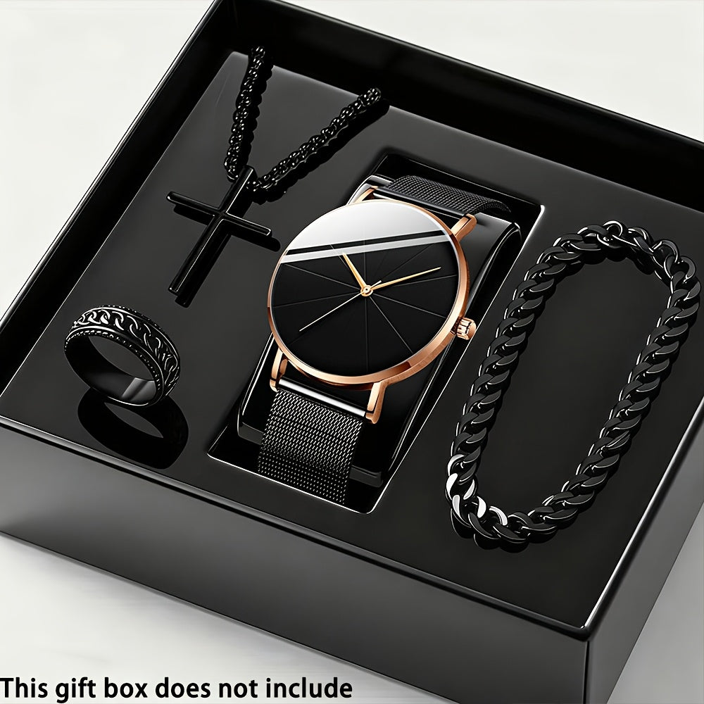 4pcs/Set Men'S Elegant Quartz Watch And Bracelet Set – | Sports Watch | Casual Watch | Business Watch | Quartz Movement