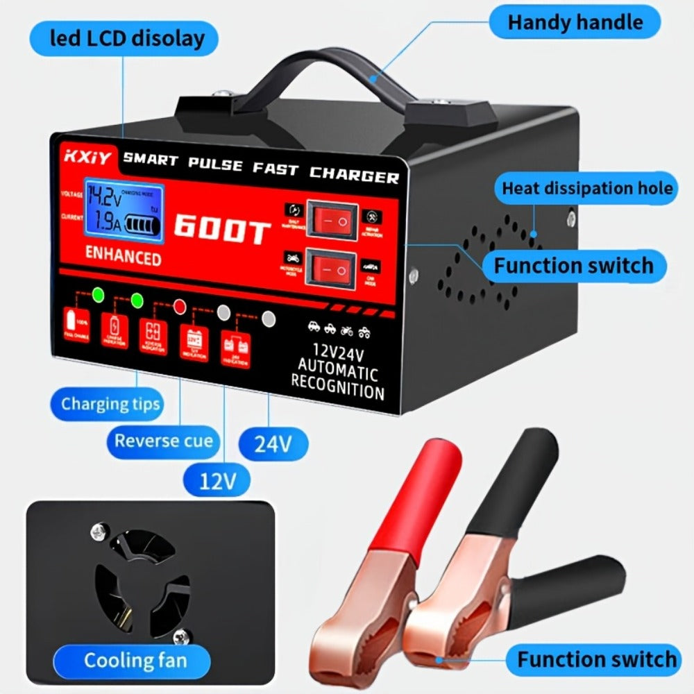 Advanced Smart Universal Battery Charger for 12V And 24V, with LCD Screen, Pulse Repair Function, And Temperature Regulation - Designed for Smart Trickle Charging Maintenance of Car, Truck, Harvester, Lawn Mower, Boat, And Motorcycle Batteries
